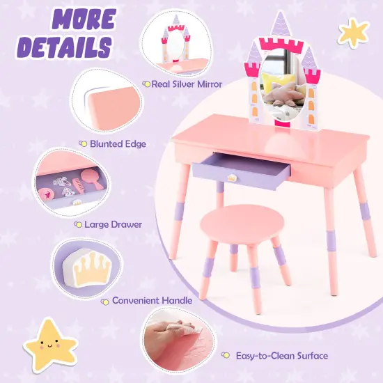 Costway Kids Vanity Set Princess Makeup Pretend Play Dressing Mirror Castle Girls Pink {5}