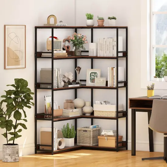 Costway Corner Bookshelf 5-Tier L-Shaped Bookcase 71" Tall Etagere Bookshelf with Metal Frame Brown/Gray {5}