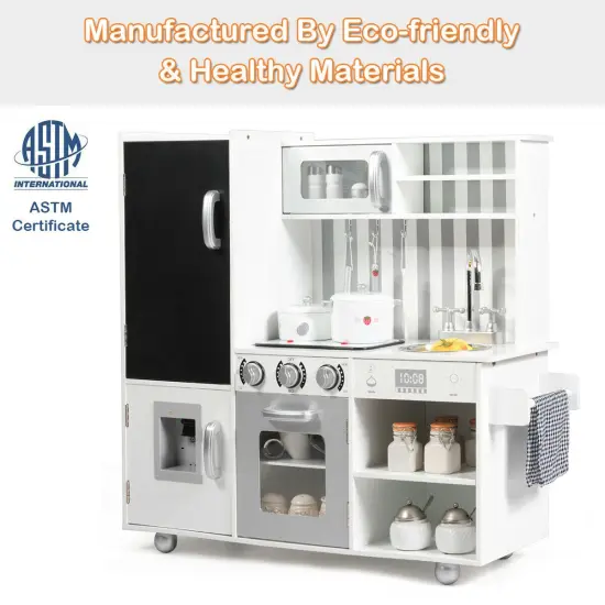 Costway Wood Kitchen Toy Kids Cooking Pretend Play Setw/ Utensils,Sounds & Wordpad White {6}