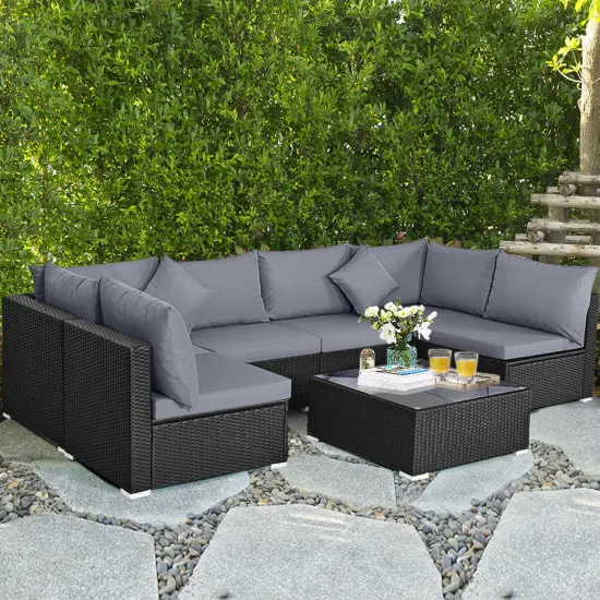 Costway 7PCS Patio Rattan Sofa Set Sectional Conversation Furniture Set Garden Beige/Navy/Gray {1}