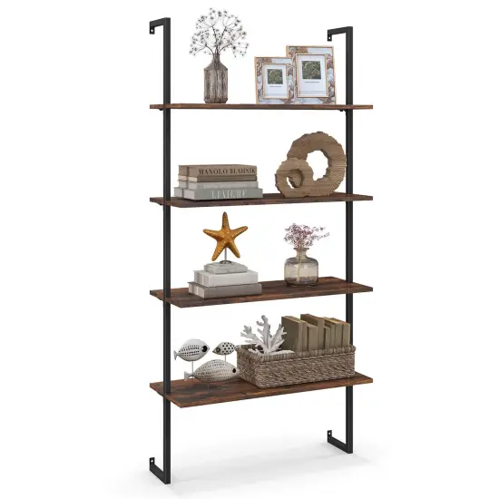 Costway 4-Tier Ladder Shelf Bookshelf Industrial Wall Shelf w/Metal Frame Rustic Brown {1}