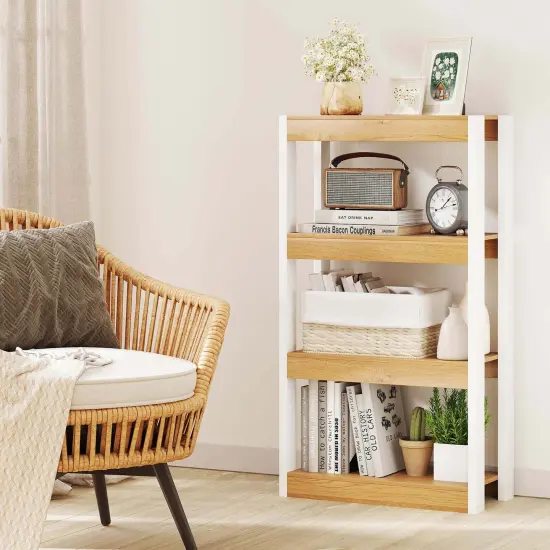 Costway 1/2 PCS 4 Tier Bookshelf Wooden Bookcase with Dual Anti-Tipping Kits Open Shelving Unit Natural/Brown {2}