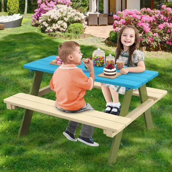 Costway Kids Wooden Picnic Table Set Solid Dining Table with Built-in Benches for Patio {2}