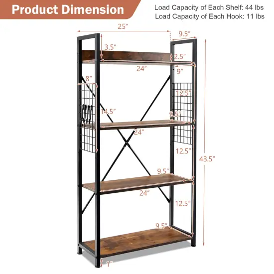 Costway 4 -Tier Industrial Bookshelf Open Storage Bookcase Display Shelf for Home Office {4}