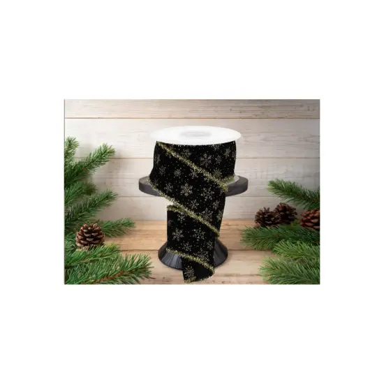 2.5" Glitter Snowflakes Tinsel Ribbon: Gold/Black (10 Yards) {5}