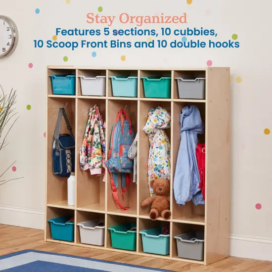 Streamline 5-Section Coat Locker with Scoop Front Storage Bins, Natural, Classroom Furniture Contemporary {5}