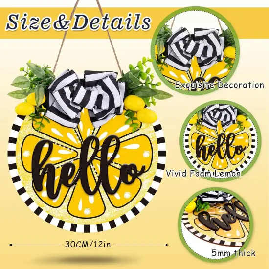 Lemon Wooden Hanging Sign 3D Hello Summer Welcome Sign Front Door Decor with Bowknot Artificial Lemons Rustic Farmhouse Wood Sign Door Hanger for Summer Holiday Home Office Shop Window {2}