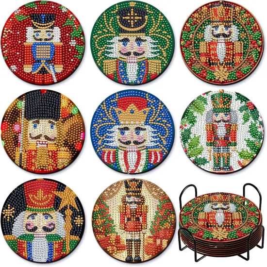 DIY Christmas Soldier Art Coasters with Holder - 8 Pcs Diamond Art Kits for Adults Beginners {1}
