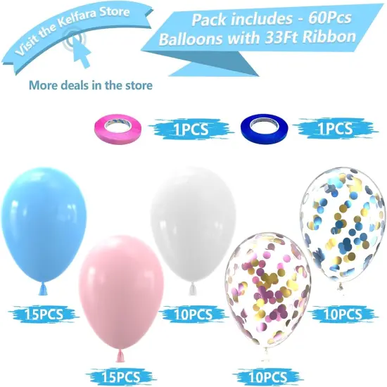 Pink Blue White Balloons,60 Pcs 12 inch Pink Blue and White Pastel Gold Blue Confetti Latex Balloons with 2rolls 33ft Ribbon For Birthday Baby Shower Gender Reveal Party Supplies and Decorations {2}
