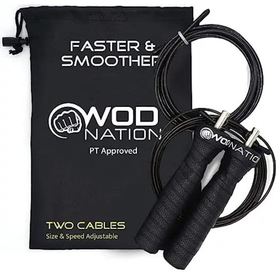 WOD Nation Attack Speed Adjustable Jump Rope With Unique Two Cable Skipping Workout System, One Thick and One Light 11 Foot Cable, Perfect for Double Unders For High Intense, Fits Men and Women Black {1}