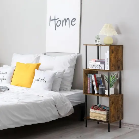 4-Tier S-Shaped Bookcase &ndash; Modern Freestanding Wooden & Metal Shelves for Farmhouse, Living Room, Bedroom, Home Office &ndash; Space-Saving Storage with Anti-Tip Kit {1}