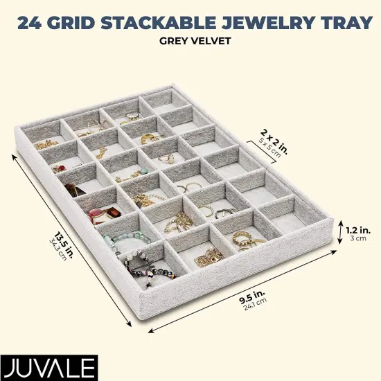 Velvet Jewelry Organizer Tray for Earrings, Stackable 24 Grid Storage for Rings (Gray, 14x10 in) Grey {2}