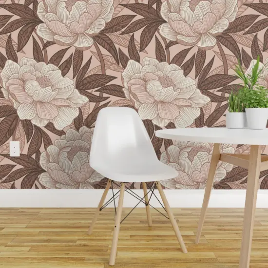 Pre-Pasted Wallpaper 2FT Wide Monochrome Floral Botanical Bohemian Maximalist Glam Linework Boho Jumbo Brown Pink Custom Pre-pasted Wallpaper by Spoonflower {1}