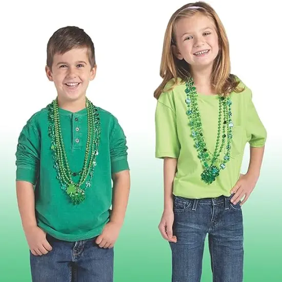 4E's Novelty St Patricks Day Beads Necklace Bulk (72 Pack) Green Shamrock Beads Shot Glass Assortment - St Patricks Day Gifts for Kids, 33" 8mm Irish Kids Party Favor Supplies Costume Accessories {3}
