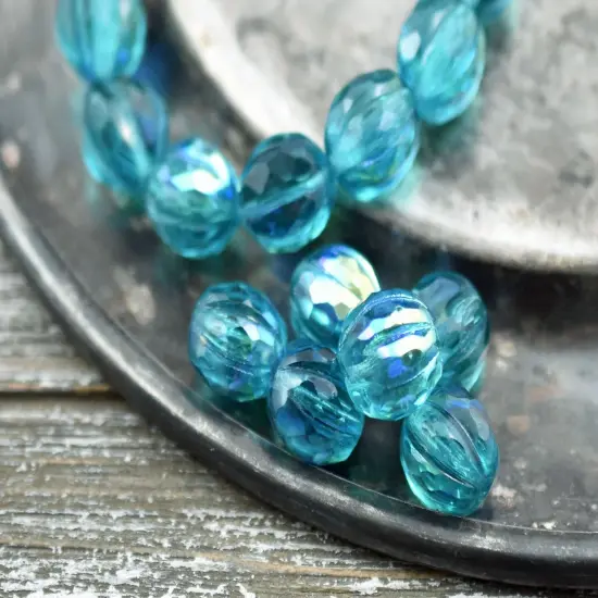 *12* 10mm Dark Aqua AB Faceted Round Melon Beads {6}