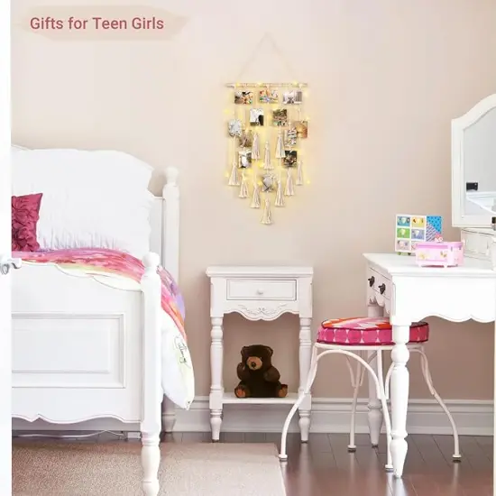 Hanging Photo Display Boho Macrame Wall Decor with Light, Teen Girl Teenage Gifts, Pictures Cards Frame Holder Art Hanger for Christmas Birthday Party Bedroom Dorm, with 30 Wood Clips, Ivory {4}