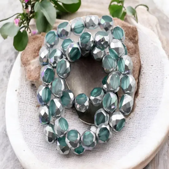 *15* 8mm Silver Washed Aqua 2 Cut Fire Polished Round Beads {3}