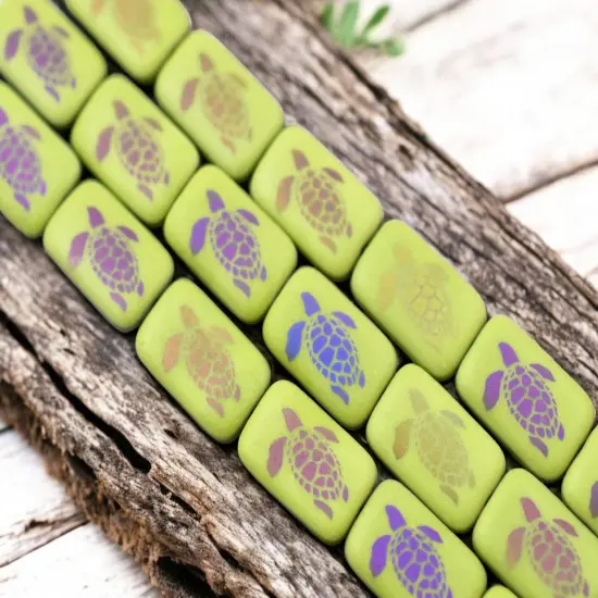 19x12mm Matte Chartreuse Sliperit Laser Tattoo Rectangle Turtle Beads - Choose Your Qty {3}