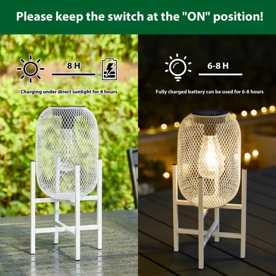 Set of 2 White Metal Mesh Solar Powered Edison Bulb Outdoor Lantern with Stand {4}