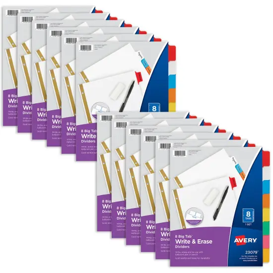 Avery Big Tab Write & Erase Dividers for 3 Ring Binders, 8-Tab Set, Multicolor Divider Tabs, Great for Organizing Projects, Reports, Finances, and More (12-Pack of 23079) {1}