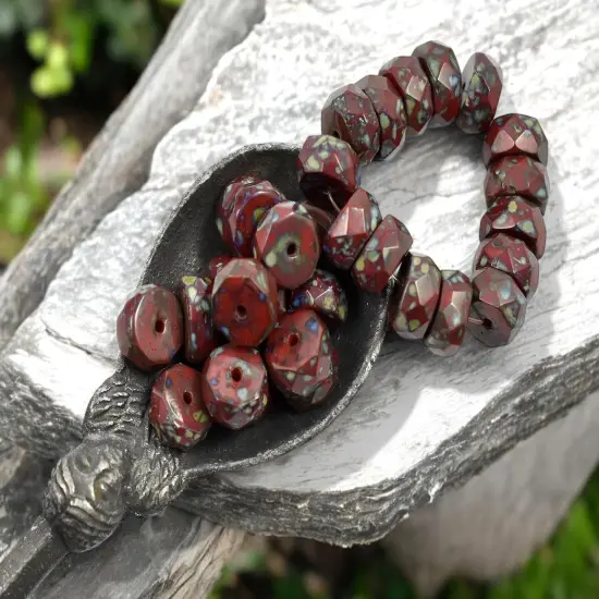 *15* 4x6mm Opaque Red Picasso Fire Polished Rondelle Heishi Beads {2}