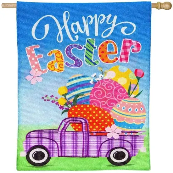Easter Plaid Truck Flag 2 Sided Burlap House Banner {1}