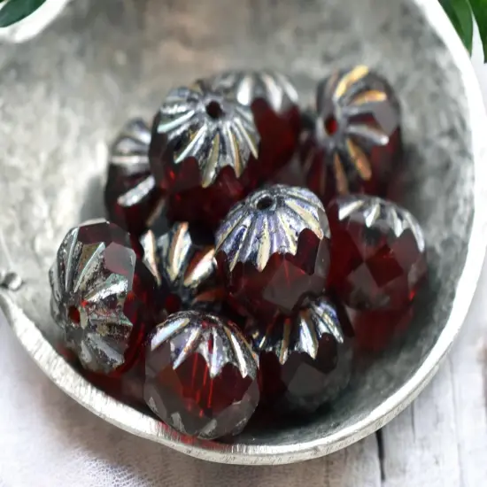 *15* 6x9mm Ruby Red Picasso Fire Polish Cruller Rondelle Beads {5}