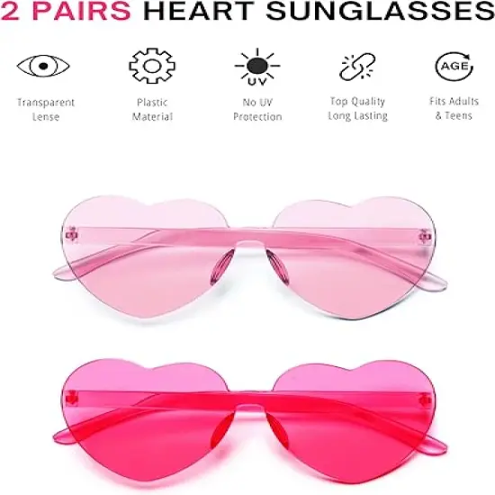 4E's Novelty Heart Shaped Sunglasses for Women (2 Pack) - Cute Pink Heart Sunglasses for Parties, Festival & Valentines Hot Pink Accessories for Women {4}