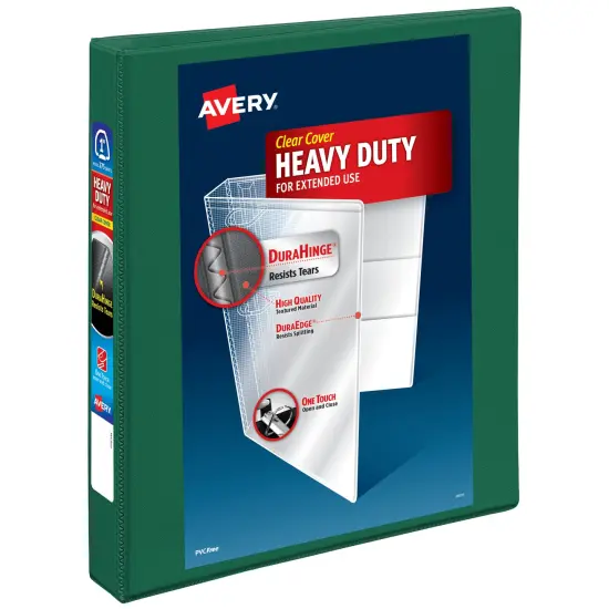 Avery Heavy-Duty View 3 Ring Binder, 1 Inch One Touch EZD Rings, 275-Sheet Capacity, 1.4 Inch Wide Spine, Customizable Clear Cover and Spine, 1 Green Binder (79107) {1}