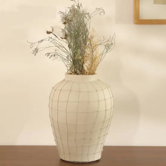 Handmade Off-White Small Terracotta Vase with Wireframe &ndash; Decorative Table Accent-9.75X9.75X12" {1}