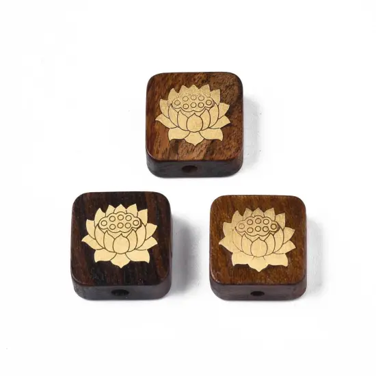 *5* 15x6mm Rosewood covered Brass Lotus Flower Square Beads {3}
