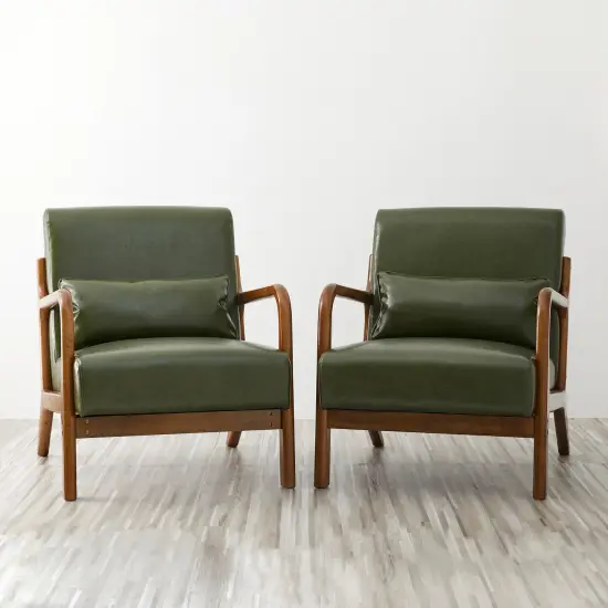 Set of 2 30.75"H Mid-Century Modern PU Leather Armchair Accent Chairs with Pillow Green {5}