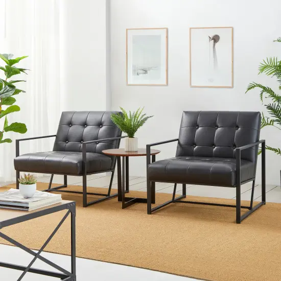 30.5"H Mid-Century Modern Leatherette Button-tufted Accent Arm Chair with Black Metal Frame {2}