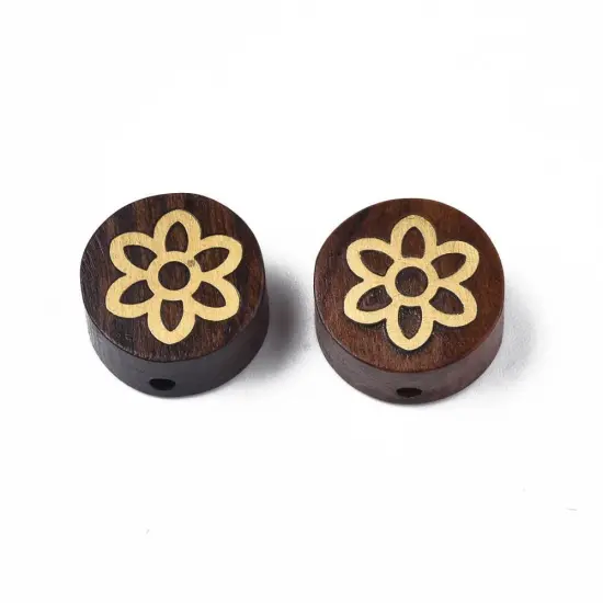 *5* 14x7mm Rosewood covered Brass Flower Coin Beads {3}