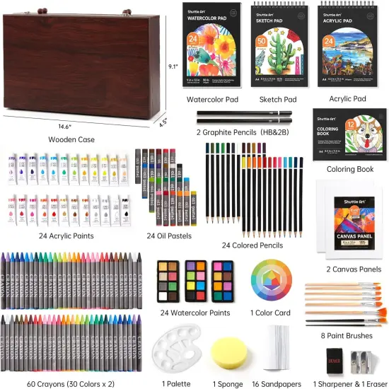 Deluxe Gift Art Kit, 202-Piece Wooden Art Supplies Set with 4 Drawing Pads, Canvases, Coloring Sheets, Acrylic Paint, Crayons, Oil Pastels, Colored Pencils for Kids {2}