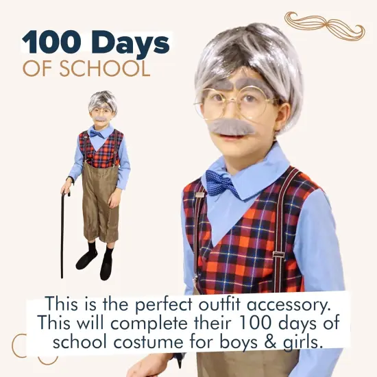 4E's Novelty Old Man Costume for Boys - Stick on Mustache, Eyebrows and Glasses - 100 Day of School Old Man Costume, Grandpa Costume Accessory Kit {2}