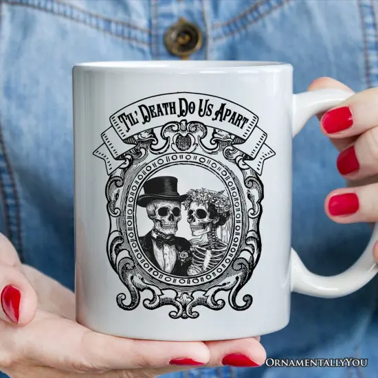 Vintage Skeleton Lovers Til' Death Do us Apart, Mug, Classic Antique Halloween Gift for Couples {1}