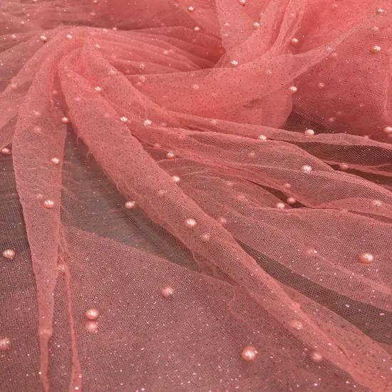 1 Yard Glitter Mesh Fabric with Scattered Pearls 2-Way Stretch 60" Wide Soft Tulle for Gowns, Veils & Couture Projects Red {4}
