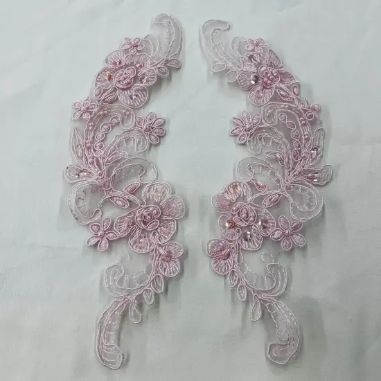 1 Pair Beaded & Corded Floral Lace Applique 10" x 3" Each Side white {4}