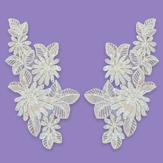 1 Pair Beaded Lace Applique Embroidered on 100% Polyester Organza 8.75" x 4.25" Each Side Off White {2}