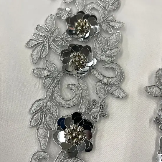 1 Pair 11" x 3" Each Side Beaded & Corded Floral 3D Lace Applique 100% Polyester Net Mesh Gold {5}