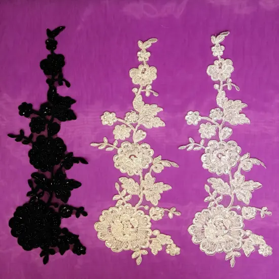 1 Pair Beaded & Corded Floral Lace 100% Polyester Net Mesh 13" x 3.5" Each Side IVORY {3}