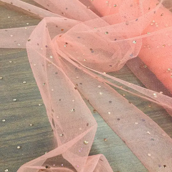 1 Yard Glitter Mesh Fabric with Scattered Rhinestones 60" Wide, 2-Way Stretch Sparkle Mesh for Gowns, Bridal Wear & Costumes Champagne {4}