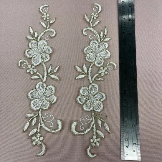1 Pair Beaded & Corded Lace Applique 10" x 2" Each Side White {2}