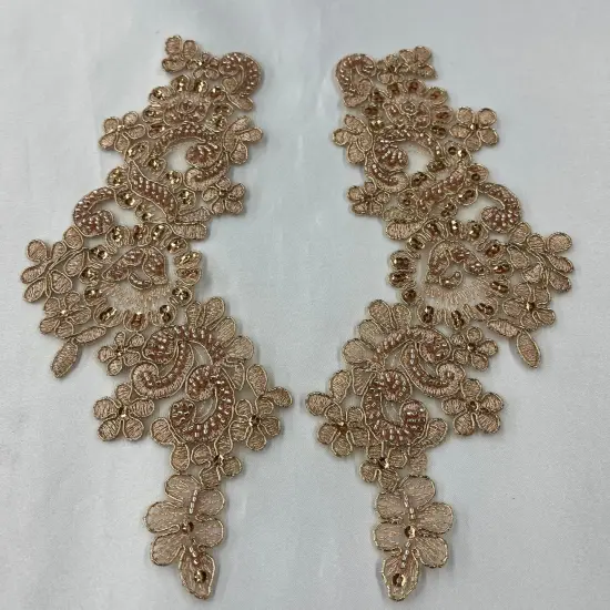1 Pair 9" x 3" Each Side Beaded & Corded Floral Lace Applique Organza Rose Gold {1}