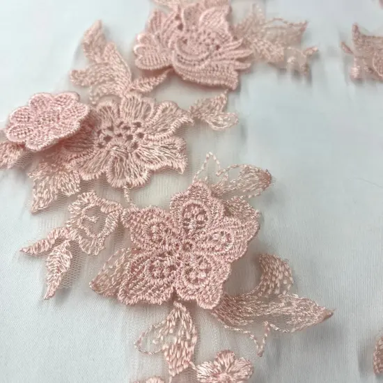 1 Pair 3D Floral Lace Applique Embroidered on 100% Polyester Net Mesh 12" x 4" Each Side Fuchsia {6}