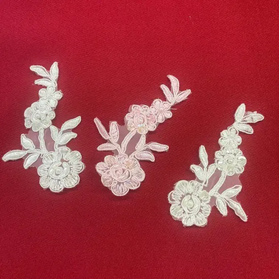 1 Pair Beaded & Corded Floral Lace Applique 4" x 2" Each Side Pink {5}