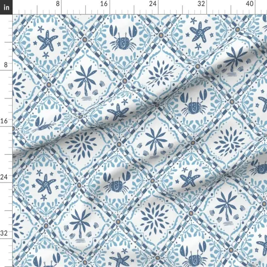 Various Fabrics by the Yard or Fat Quarter Faux Tile Patchwork Coastal Beach House Starfish Marine Life Preppy Palm Tree Seashells Ocean Under The Sea Grandmother Blue And White Mosaic Custom Printed Fabric by Spoonflower {1}