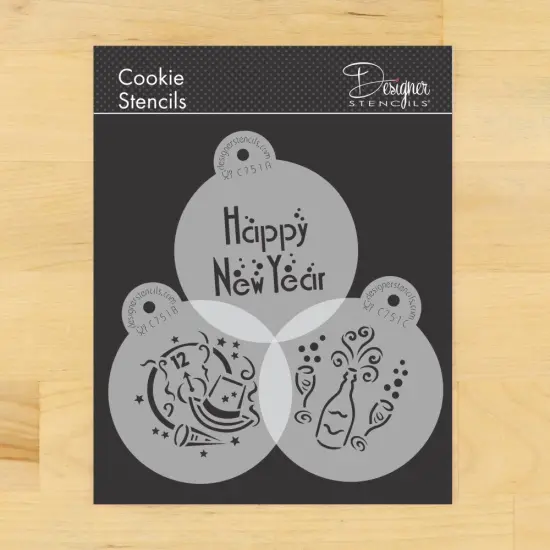 Happy New Year Cookie Stencil | C751 by Designer Stencils | Cookie Decorating Tools | Baking Stencils for Royal Icing, Airbrush, Dusting Powder | Reusable Plastic Food Grade Stencil for Cookies | Easy to Use & Clean Cookie Stencil {1}