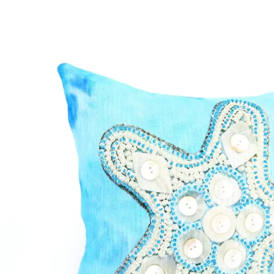 Blue & Ivory Starfish Throw Pillow 18" x 18" &ndash; Hand Embroidered with Beadwork {2}